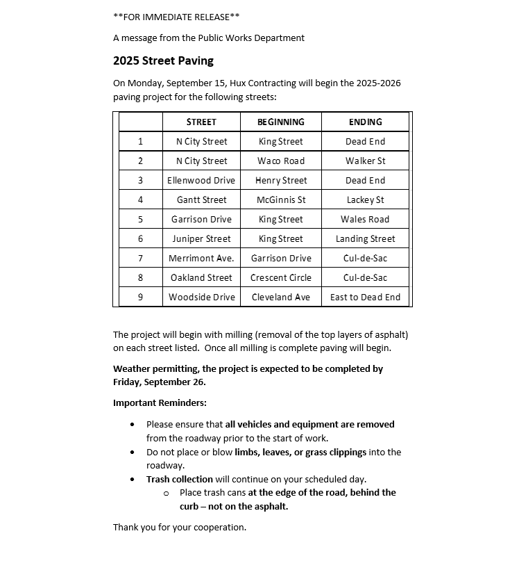 press release from street department 9-11-25